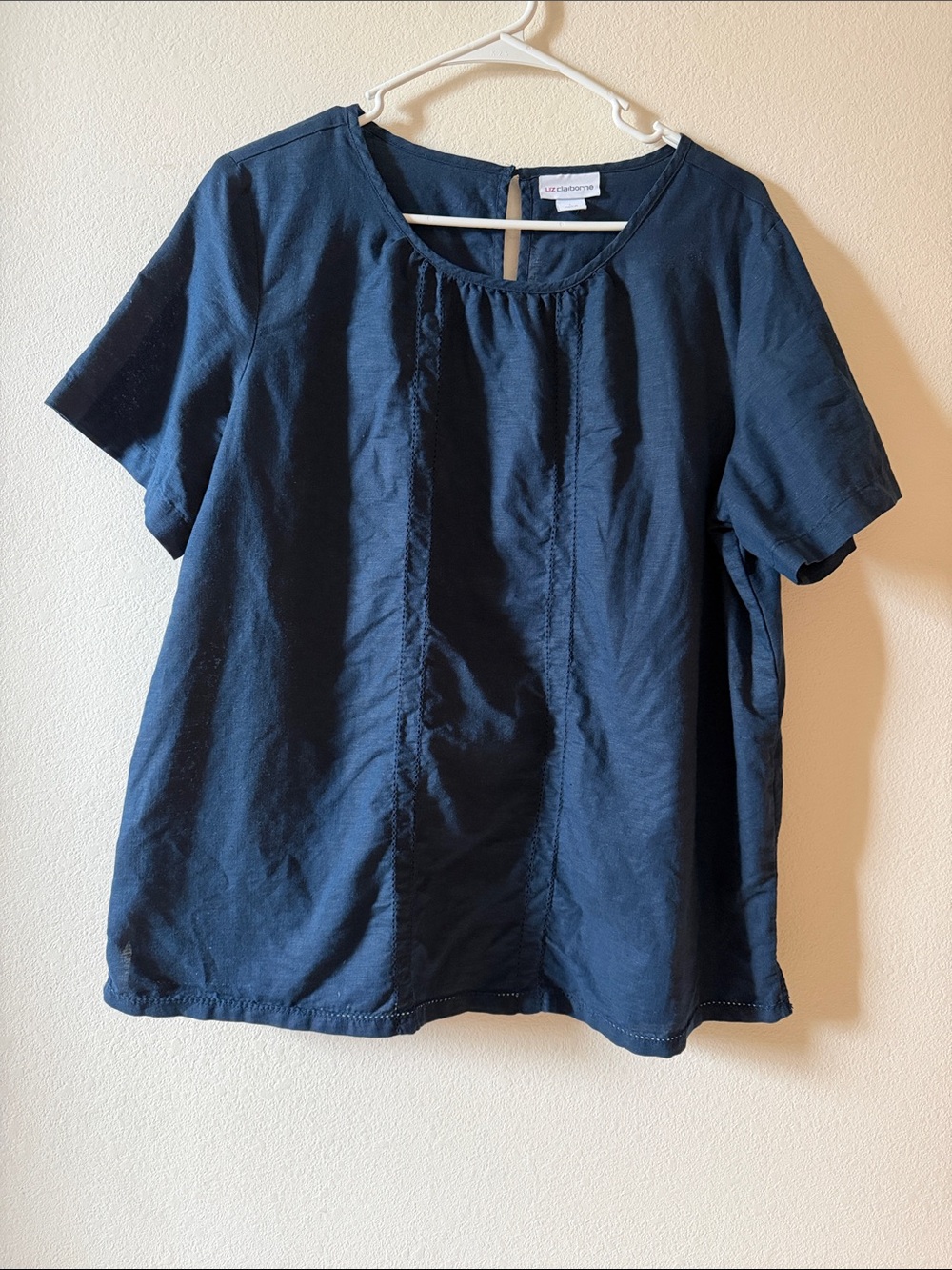 Liz Claiborne Navy Short-Sleeve Peasant Top, Linen blend